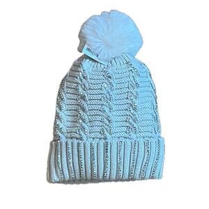 Boutique Cream Cable Knit Ribbed Beanie with Pom Pom Silver Sequins One Size NWT